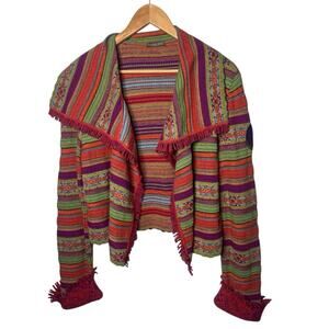 Catherine Andre Multicolor Mix Print Open Front Fringe Wool Cardigan Sweater
